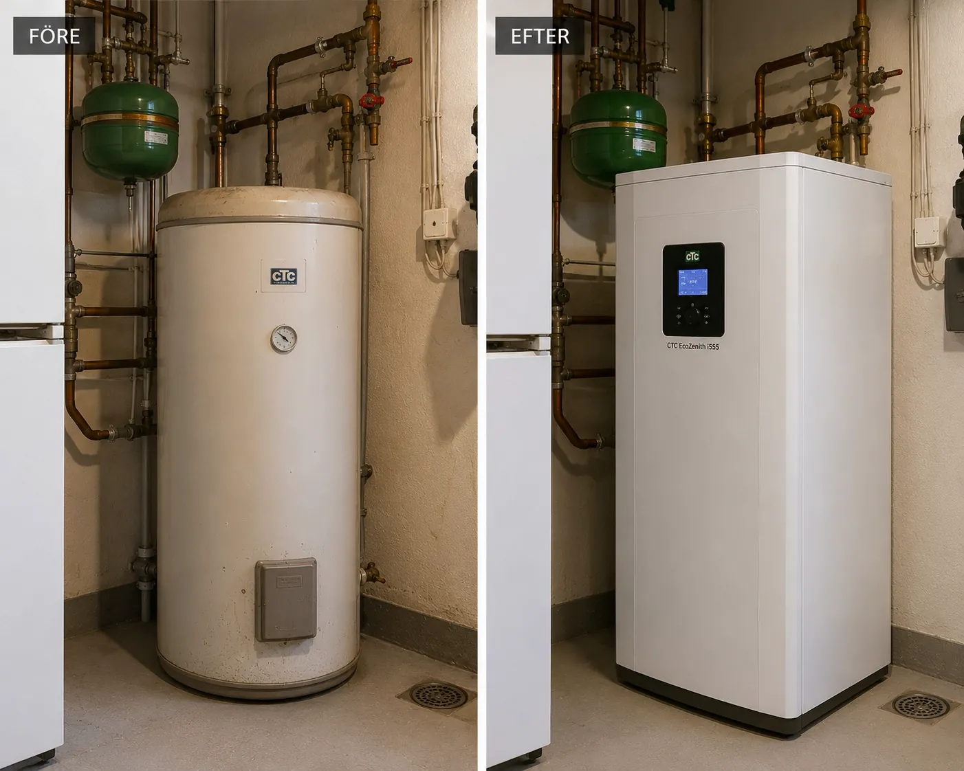 Edenbergs VVS byte varmvattenberedare CTC EcoZenith före och efter